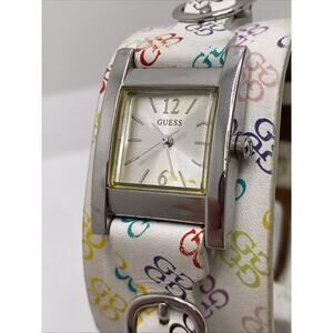 Vintage Guess Womens White Leagher Colorful Cuff Watch New Battery